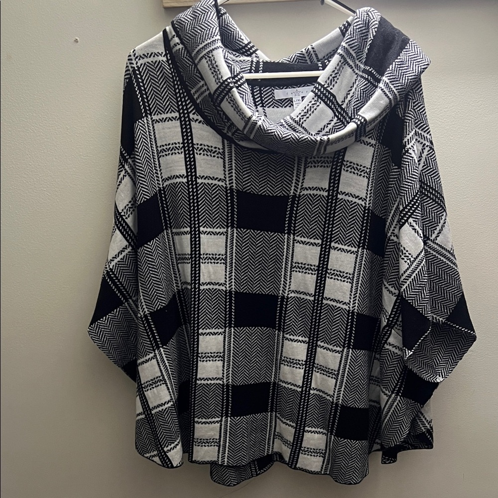 Fever Black and White Plaid Cowl Neck Sweater
